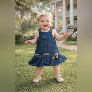 Burberry Newborn Infant Girls Pinafore Jean Denim Overall Ruffle Dress with Bow